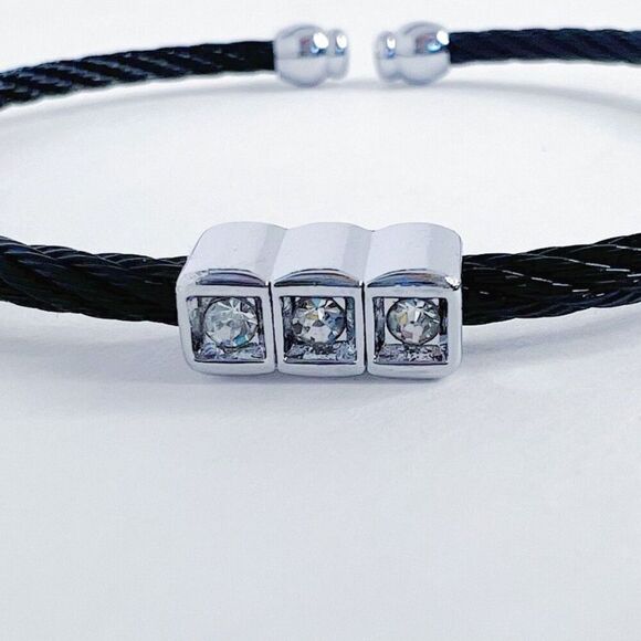 Black Cable Bracelet Braided Silver Rhinestone Charm Adjustable - Picture 3 of 4